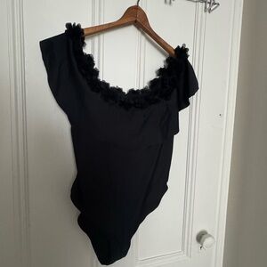 Elegant Black Women's swimsuit with cute floral trim around shoulders